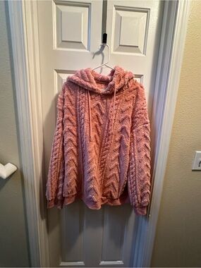 Cozy Plush Cable-Knit Hoodie Sweater - Pink